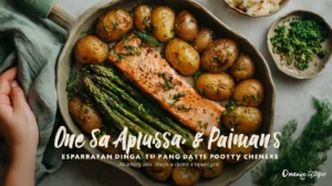 Healthy one-pan salmon with asparagus and roasted potatoes for an easy, nutritious dinner.
