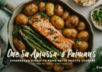 Healthy one-pan salmon with asparagus and roasted potatoes for an easy, nutritious dinner.