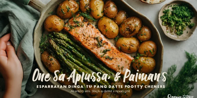 Healthy one-pan salmon with asparagus and roasted potatoes for an easy, nutritious dinner.