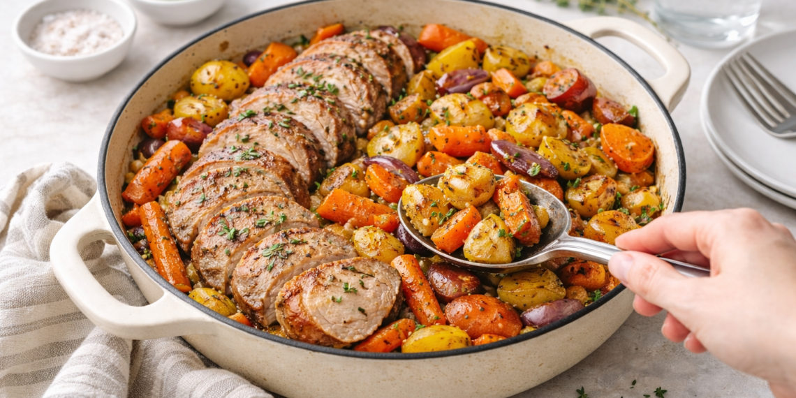 One-pan roasted pork tenderloin with carrots, potatoes, and onions, golden and caramelized in a skillet.
