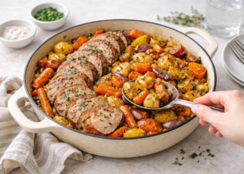 One-pan roasted pork tenderloin with carrots, potatoes, and onions, golden and caramelized in a skillet.