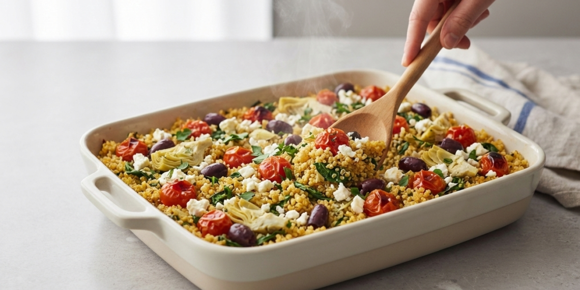 One-pan Mediterranean quinoa bake with tomatoes, olives, feta, and fresh herbs, photographed in bright natural light.