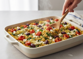One-pan Mediterranean quinoa bake with tomatoes, olives, feta, and fresh herbs, photographed in bright natural light.