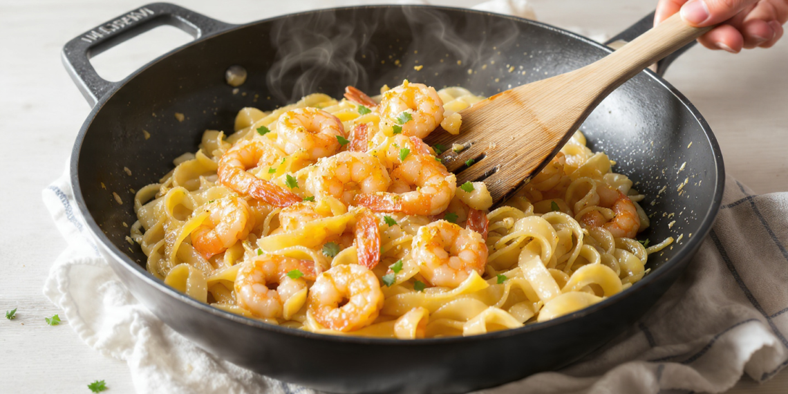 One-pan shrimp scampi with linguine in garlic butter sauce, photographed at a 45-degree angle in natural light.