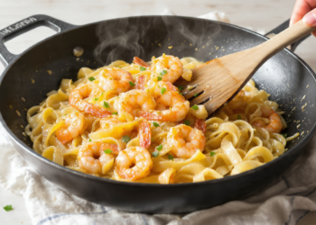 One-pan shrimp scampi with linguine in garlic butter sauce, photographed at a 45-degree angle in natural light.