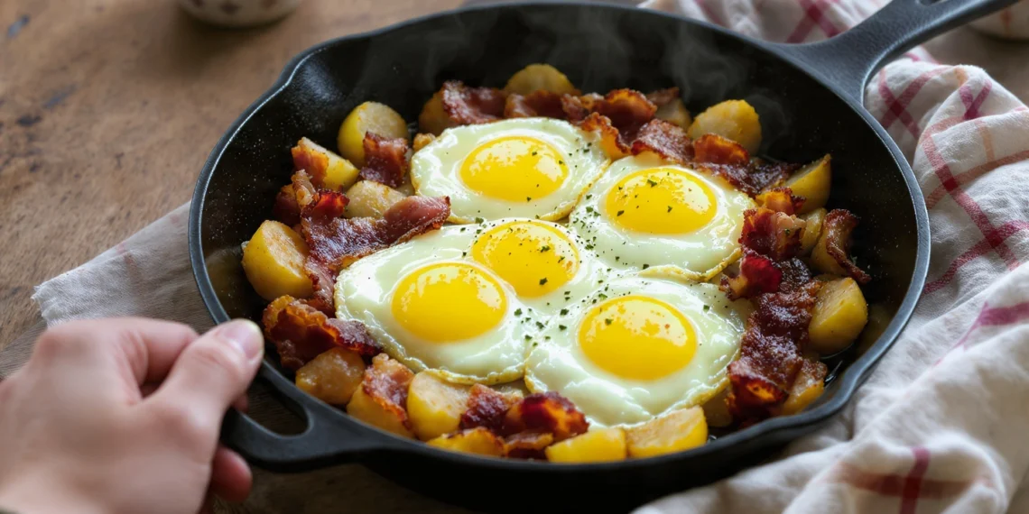 One-pan breakfast hash with potatoes, bacon, and sunny-side-up eggs cooked in a skillet.