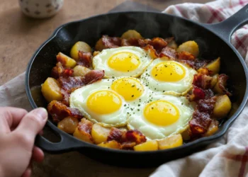 One-pan breakfast hash with potatoes, bacon, and sunny-side-up eggs cooked in a skillet.