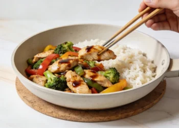 One-pan chicken stir-fry with colorful vegetables, glossy sauce, and Asian-inspired flavors.