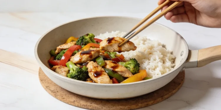 One-pan chicken stir-fry with colorful vegetables, glossy sauce, and Asian-inspired flavors.