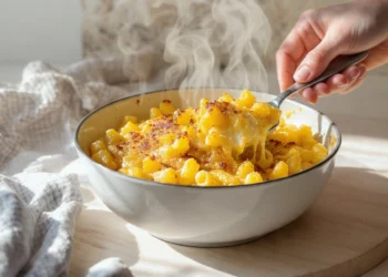 One-pan mac and cheese with a creamy cheese sauce, cooked and served straight from the skillet.