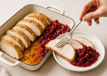 One-pan roasted turkey breast with cranberry sauce, golden and festive, served straight from the pan.