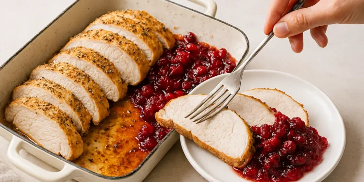 One-pan roasted turkey breast with cranberry sauce, golden and festive, served straight from the pan.