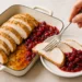 One-pan roasted turkey breast with cranberry sauce, golden and festive, served straight from the pan.