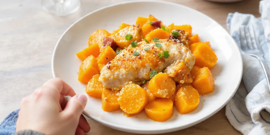 One-pan chicken and sweet potato bake with roasted vegetables, golden and wholesome in a skillet.