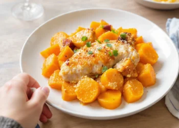One-pan chicken and sweet potato bake with roasted vegetables, golden and wholesome in a skillet.