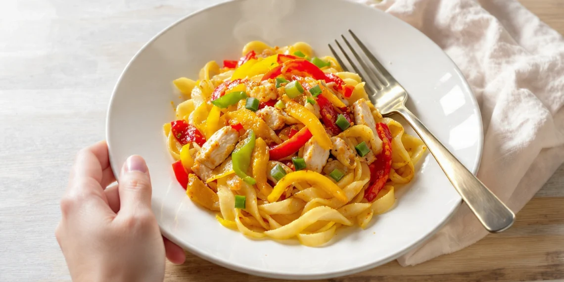 One-pan chicken fajita pasta with bell peppers and onions, creamy and colorful in a skillet.