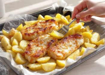 One-pan fish and chips with baked fish fillets and roasted potatoes, lighter and golden in a pan.