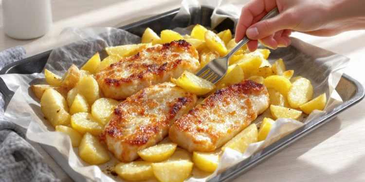 One-pan fish and chips with baked fish fillets and roasted potatoes, lighter and golden in a pan.