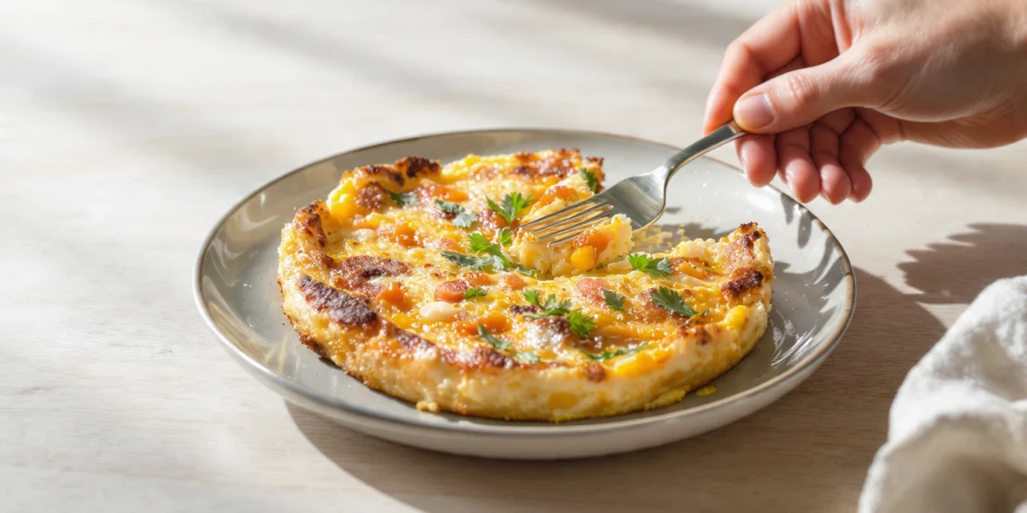 One-pan frittata with eggs, vegetables, and cheese, lightly golden and ready to serve.