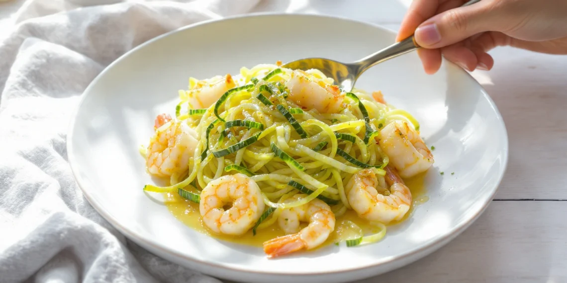 One-pan lemon garlic shrimp with zucchini noodles, light, fresh, and low-carb in a skillet.