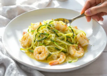 One-pan lemon garlic shrimp with zucchini noodles, light, fresh, and low-carb in a skillet.