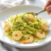 One-pan lemon garlic shrimp with zucchini noodles, light, fresh, and low-carb in a skillet.