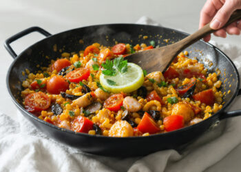 One-pan paella with saffron rice, seafood, and vegetables, colorful and ready to serve.