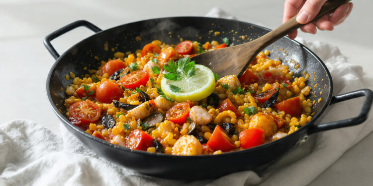 One-pan paella with saffron rice, seafood, and vegetables, colorful and ready to serve.