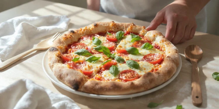 One-pan homemade pizza with melted cheese and toppings, baked in a skillet and ready to serve.