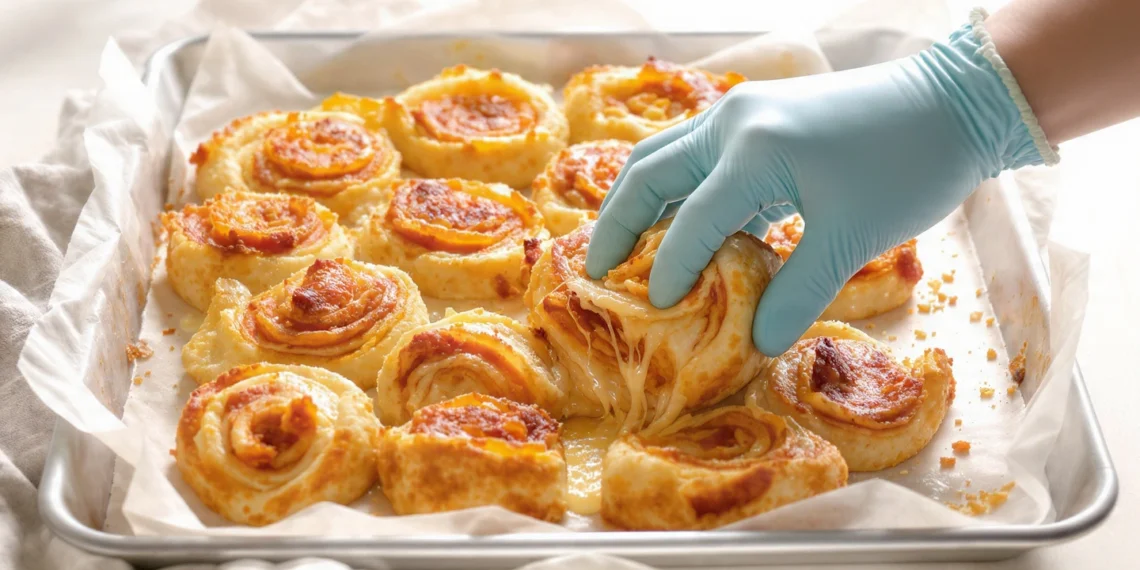 One-pan pizza rolls filled with cheese and toppings, golden and baked together in a skillet.