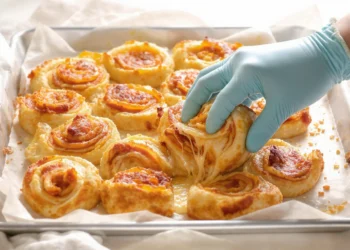 One-pan pizza rolls filled with cheese and toppings, golden and baked together in a skillet.