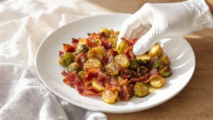 One-pan roasted Brussels sprouts with bacon, crispy, caramelized, and served straight from the pan.