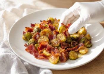 One-pan roasted Brussels sprouts with bacon, crispy, caramelized, and served straight from the pan.
