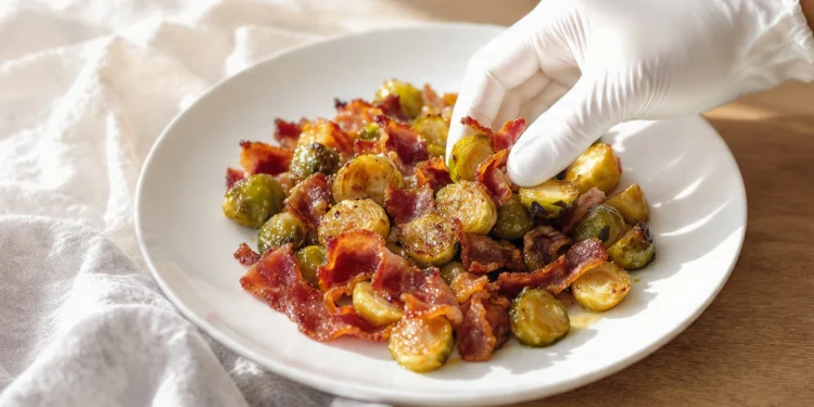 One-pan roasted Brussels sprouts with bacon, crispy, caramelized, and served straight from the pan.