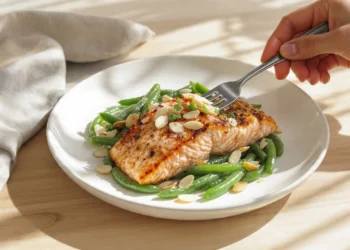 One-pan salmon with green beans and toasted almonds, lightly browned and served straight from the pan.