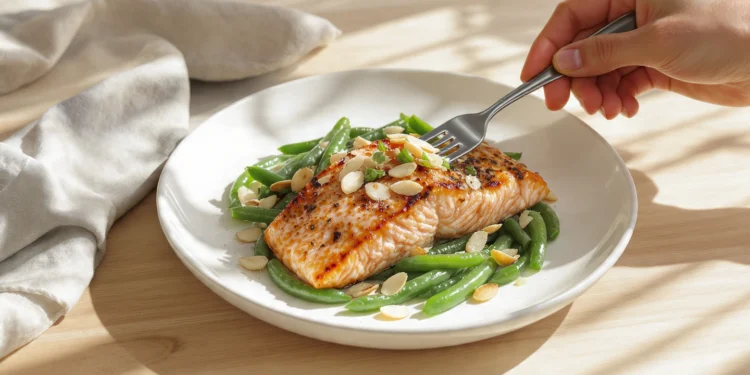 One-pan salmon with green beans and toasted almonds, lightly browned and served straight from the pan.