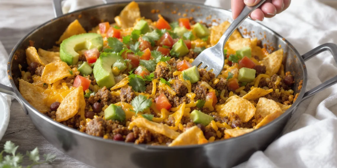 One-pan taco bake with seasoned meat, tortillas, and melted cheese, colorful and family-friendly.