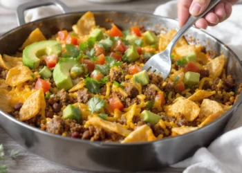 One-pan taco bake with seasoned meat, tortillas, and melted cheese, colorful and family-friendly.