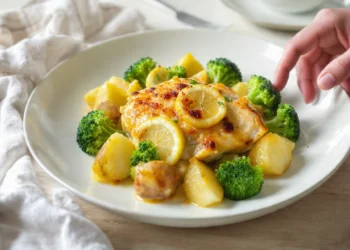 One-pan lemon chicken with potatoes and broccoli, golden and fresh, served straight from the pan.