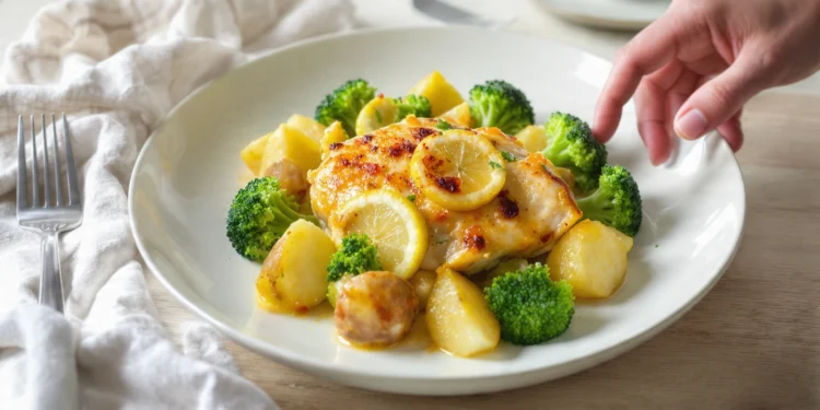 One-pan lemon chicken with potatoes and broccoli, golden and fresh, served straight from the pan.