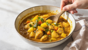 One-pan chicken and vegetable curry with colorful vegetables in a rich, spiced sauce.