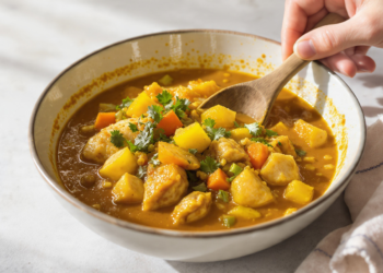 One-pan chicken and vegetable curry with colorful vegetables in a rich, spiced sauce.