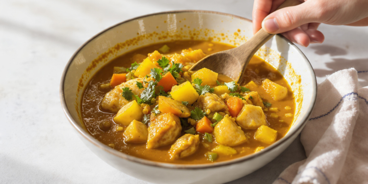 One-pan chicken and vegetable curry with colorful vegetables in a rich, spiced sauce.