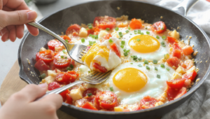 One-pan eggs in purgatory with poached eggs in spicy tomato sauce, Italian-style breakfast.