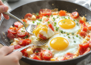One-pan eggs in purgatory with poached eggs in spicy tomato sauce, Italian-style breakfast.