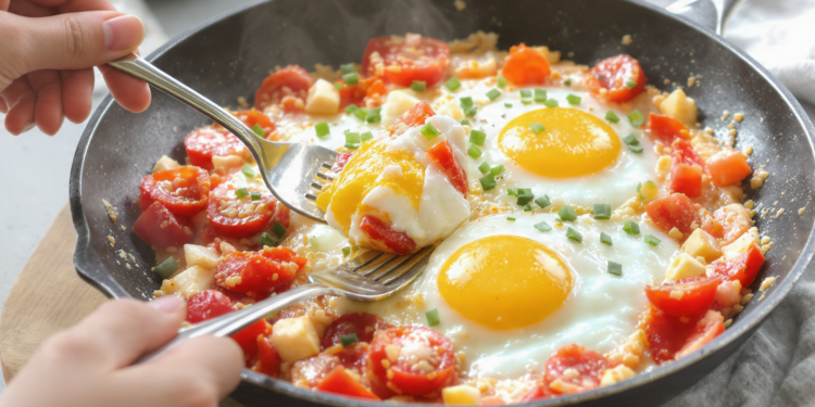 One-pan eggs in purgatory with poached eggs in spicy tomato sauce, Italian-style breakfast.