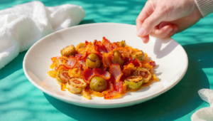 One-pan Italian sausage with bell peppers and onions, lightly caramelized and served from the skillet.