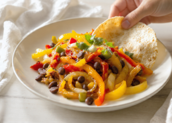 One-pan vegetarian fajitas with bell peppers and onions, colorful and ready to serve.