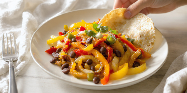 One-pan vegetarian fajitas with bell peppers and onions, colorful and ready to serve.