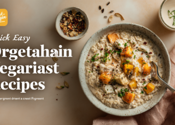 Overnight oats with fruit and seeds, quick vegetarian breakfast prepared in advance.